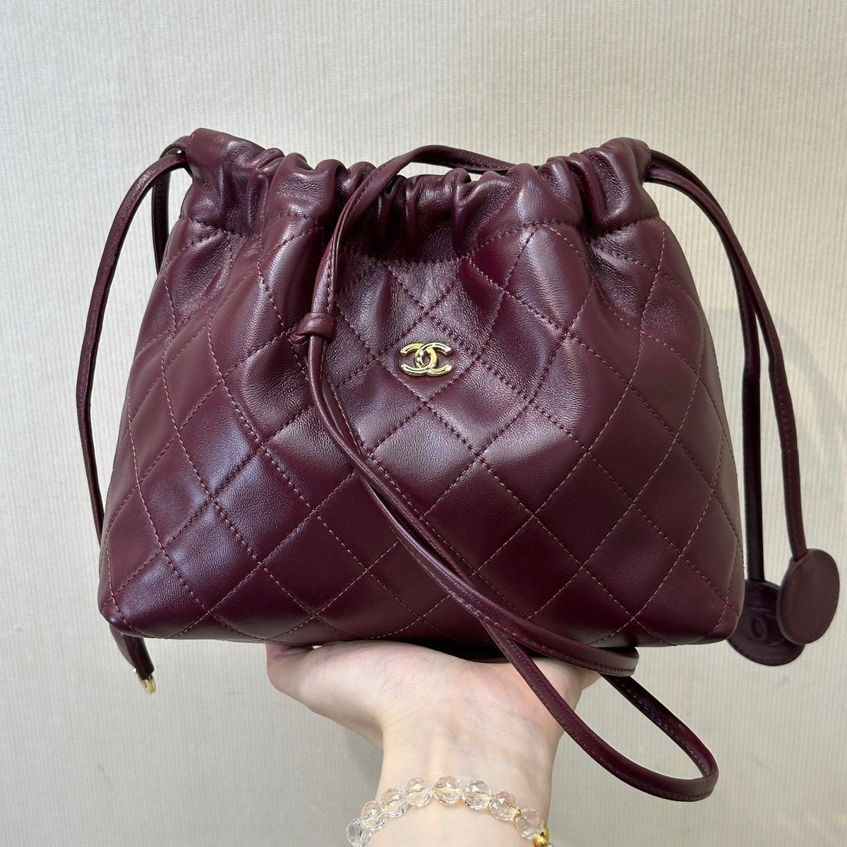 C*C Drawstring Bag 22cm Burgundy Lambskin Leather