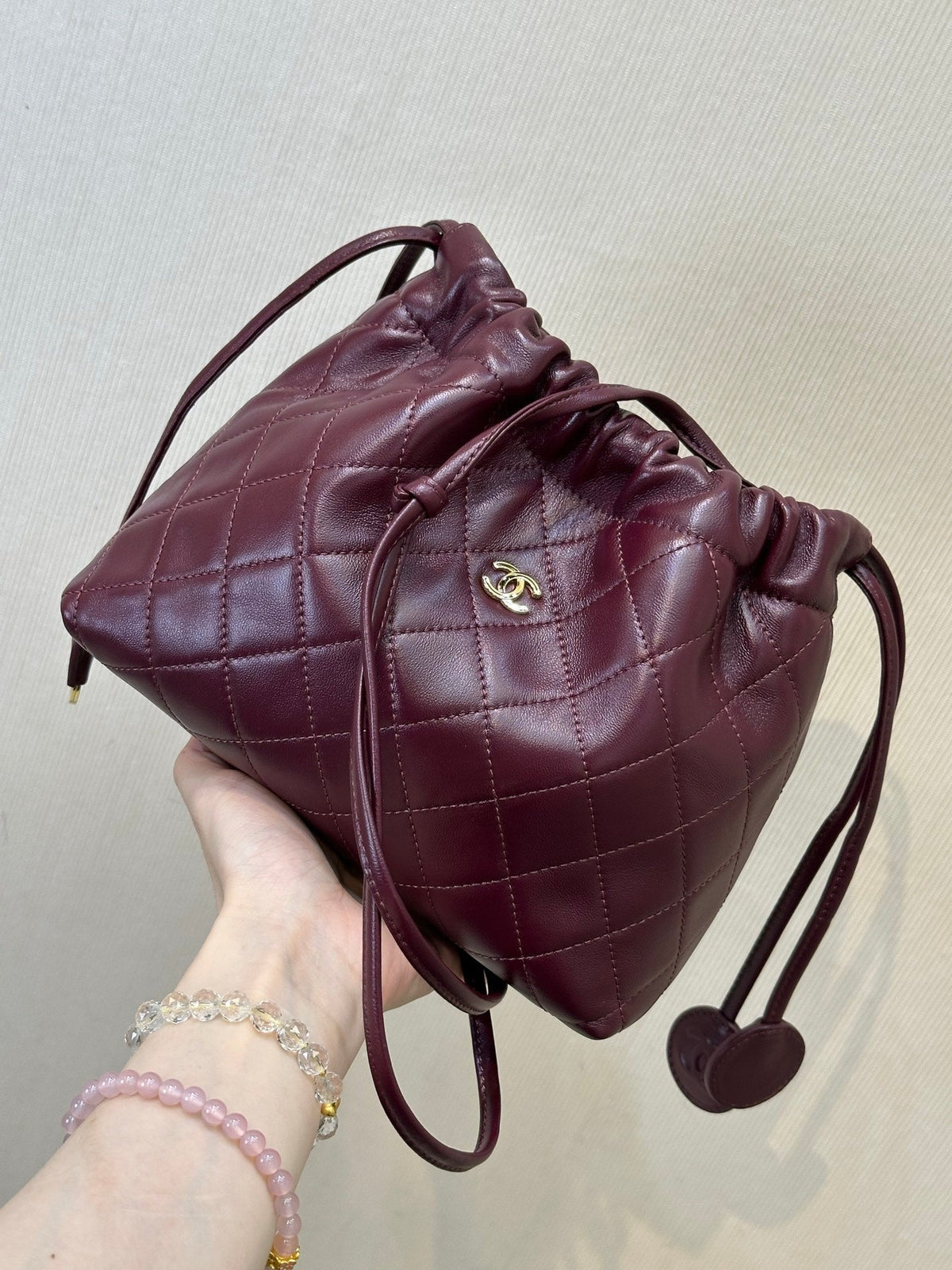C*C Drawstring Bag 22cm Burgundy Lambskin Leather