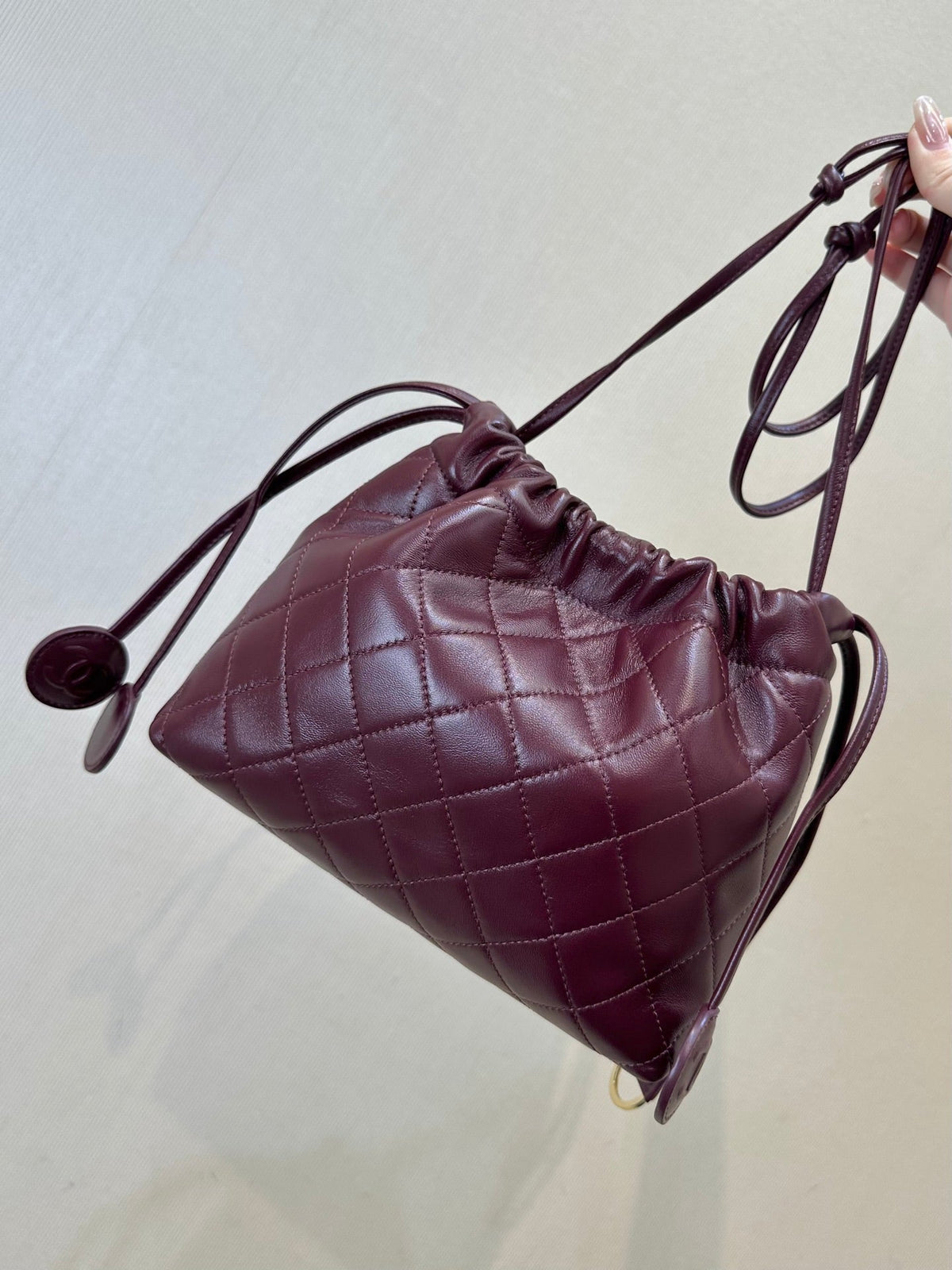 C*C Drawstring Bag 22cm Burgundy Lambskin Leather