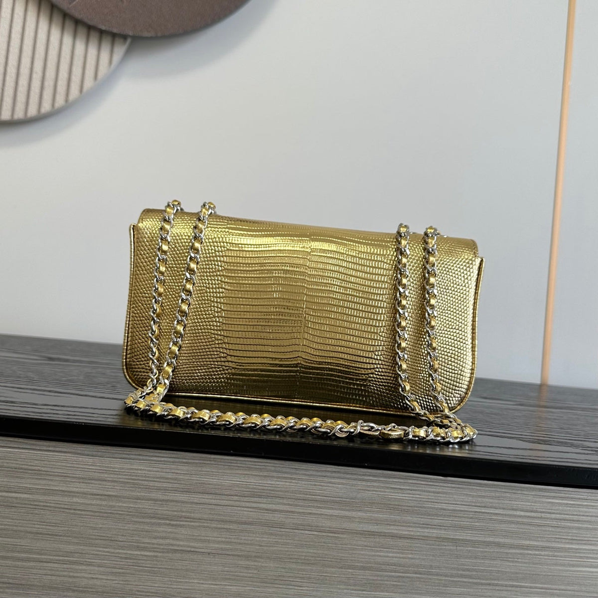 C*C 26B Flap Bag Metallic Lizard Embossed Cowhide
