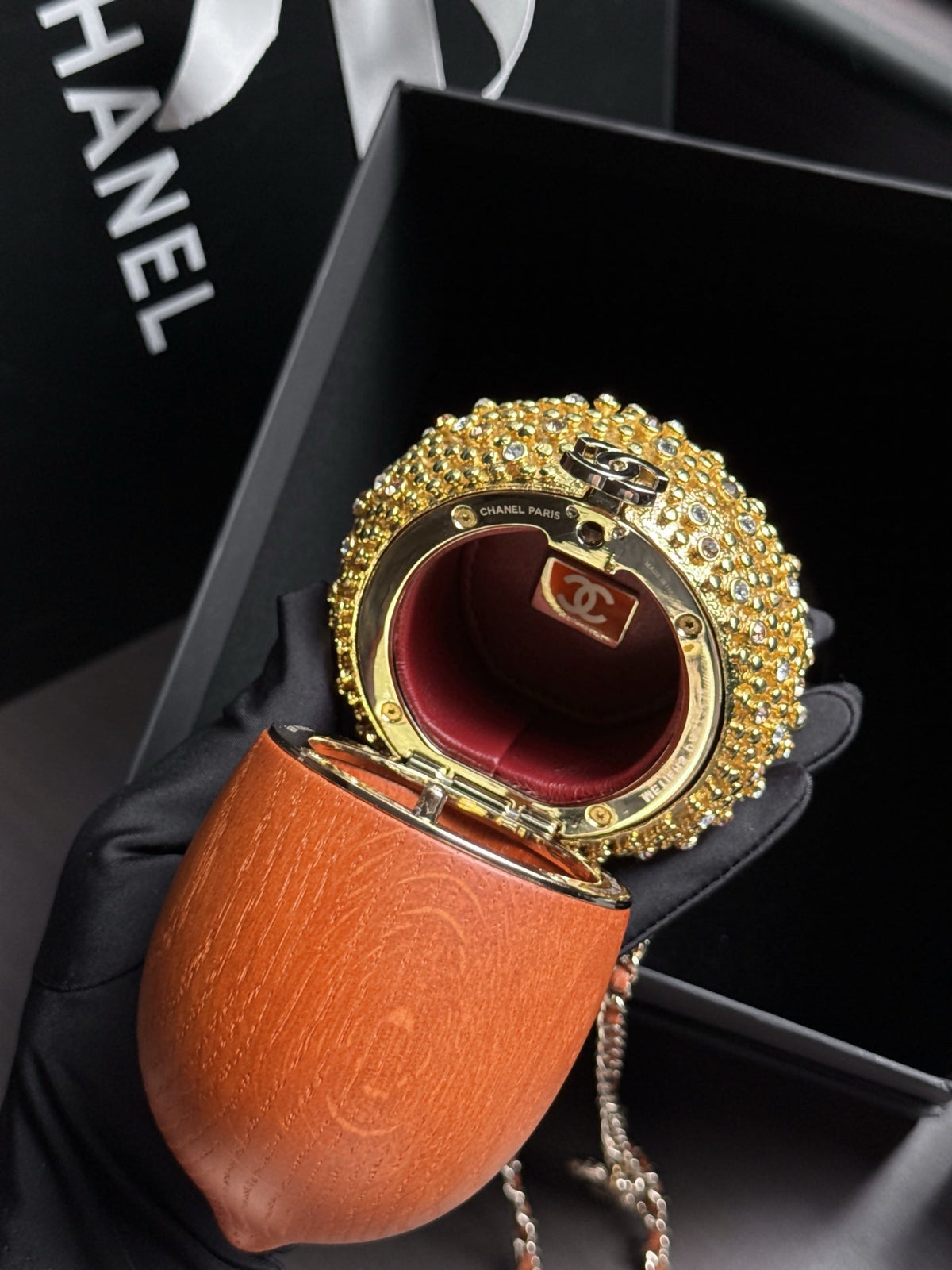 C*C 26M Acorn Minaudière 17cm Wood & Crystal-Embellished Metal