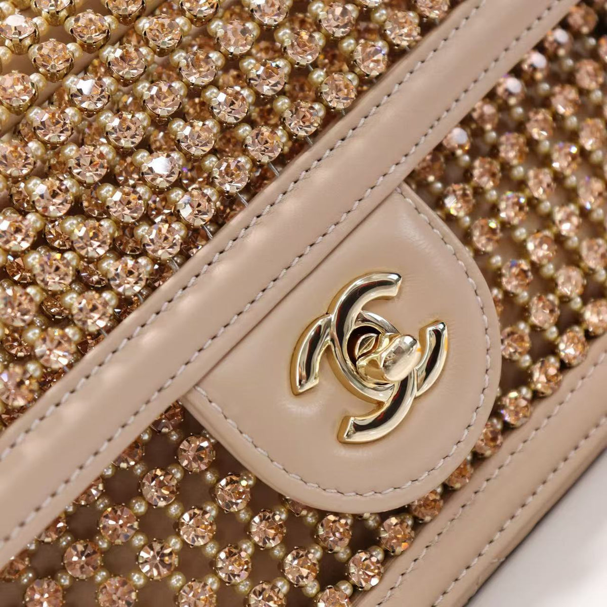 C*C Crystal Flap Bag With Pouch Beige Lambskin