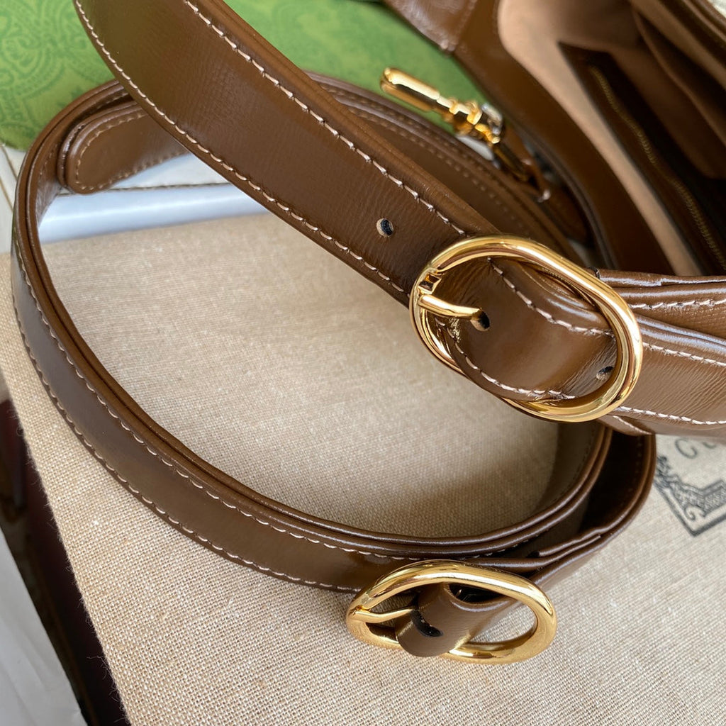 G*G jackie small 28cm beige monogram canvas brown calfskin