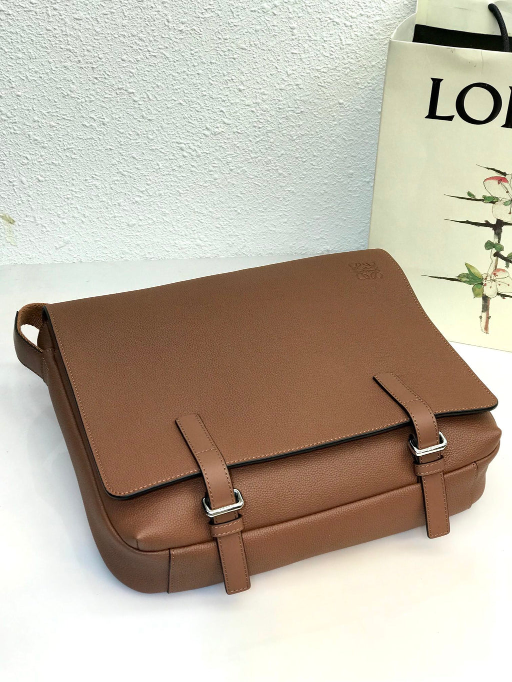 L*E 33 XS MILITARY MESSENGER BAG IN WINTER BROWN CALFSKIN AND JACQUARD