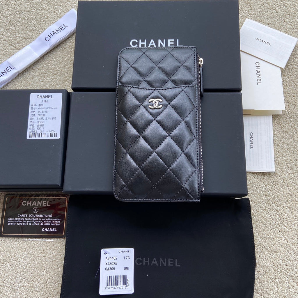 C*C Classic Phone Pouch Black Lambskin Sliver Steel