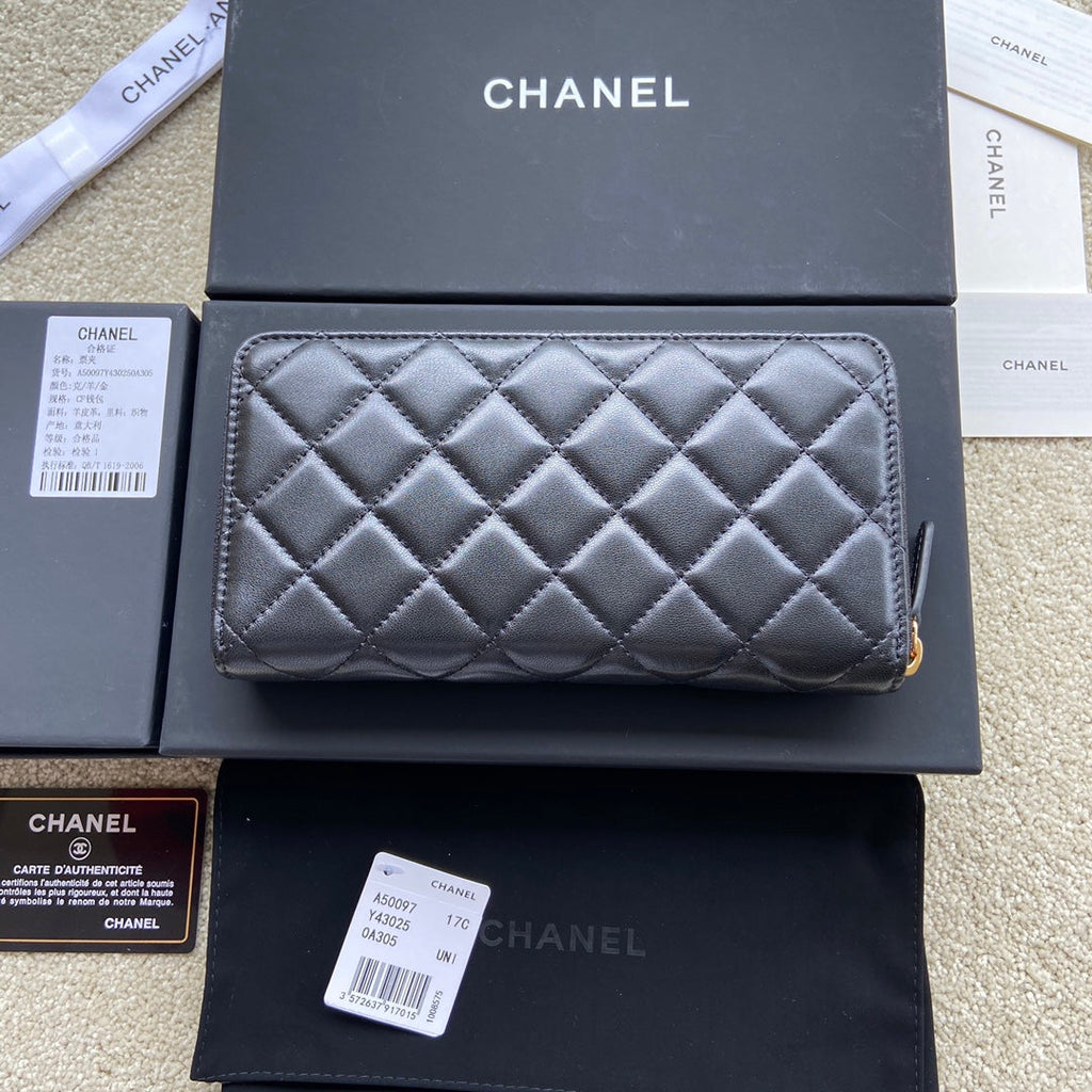 C*C A50097 Classic Zipper Wallet Black Lambskin GHW