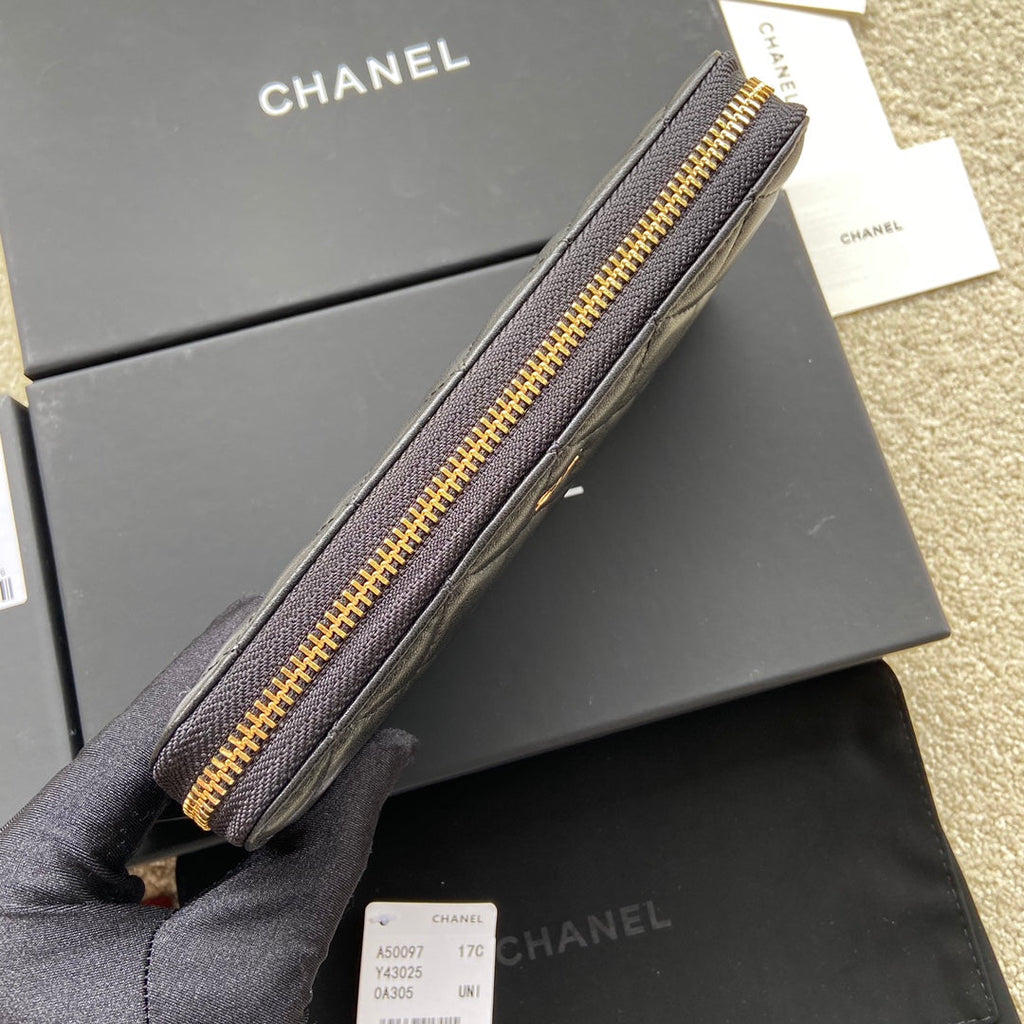 C*C A50097 Classic Zipper Wallet Black Lambskin GHW