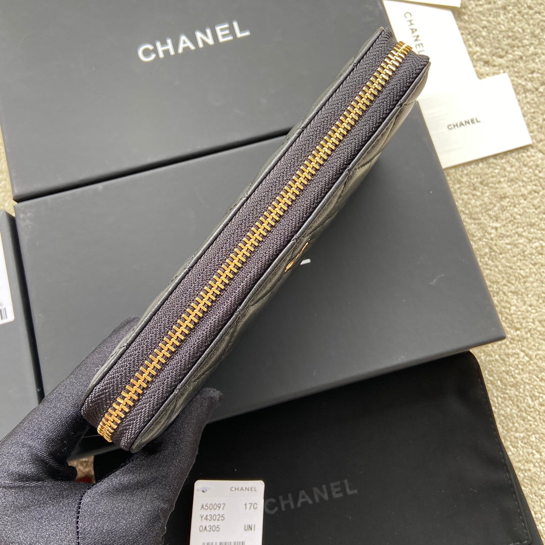C*C A50097 Classic Zipper Wallet Black Lambskin GHW