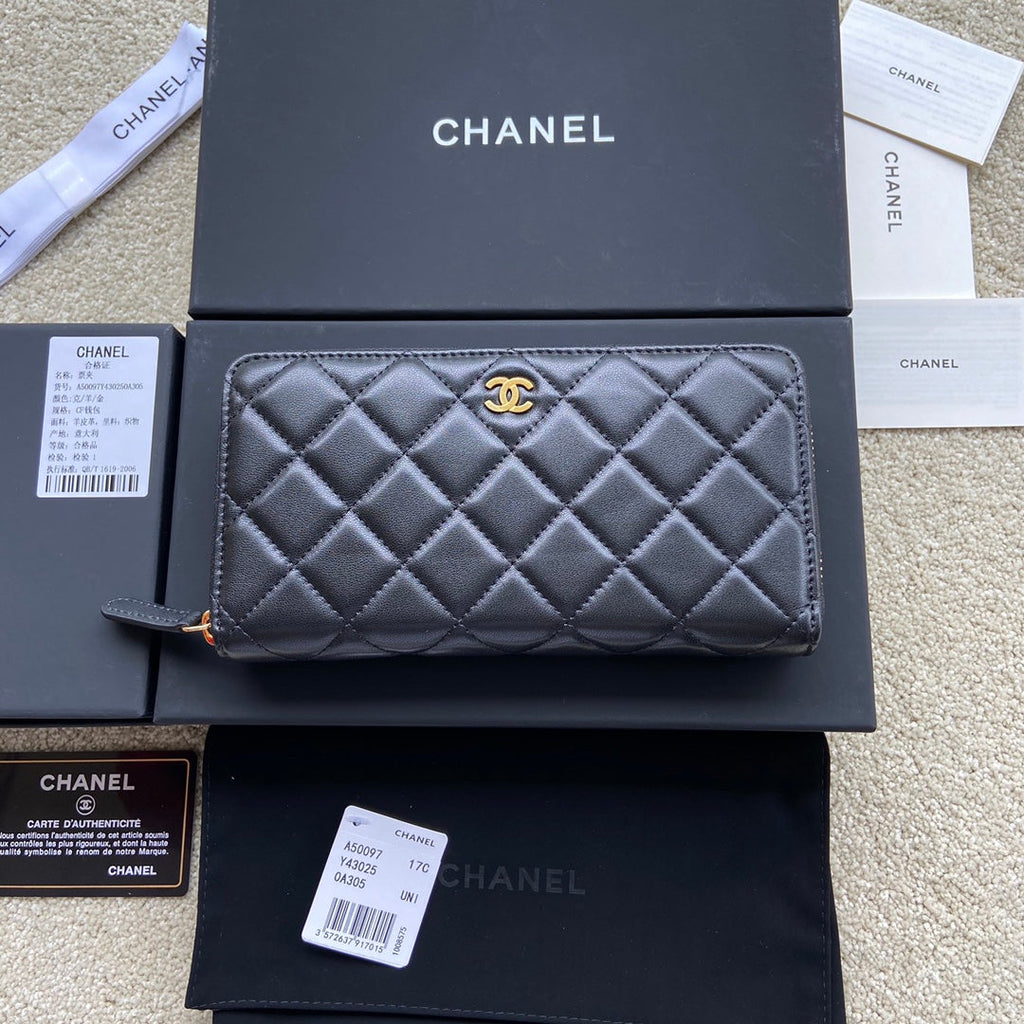 C*C A50097 Classic Zipper Wallet Black Lambskin GHW