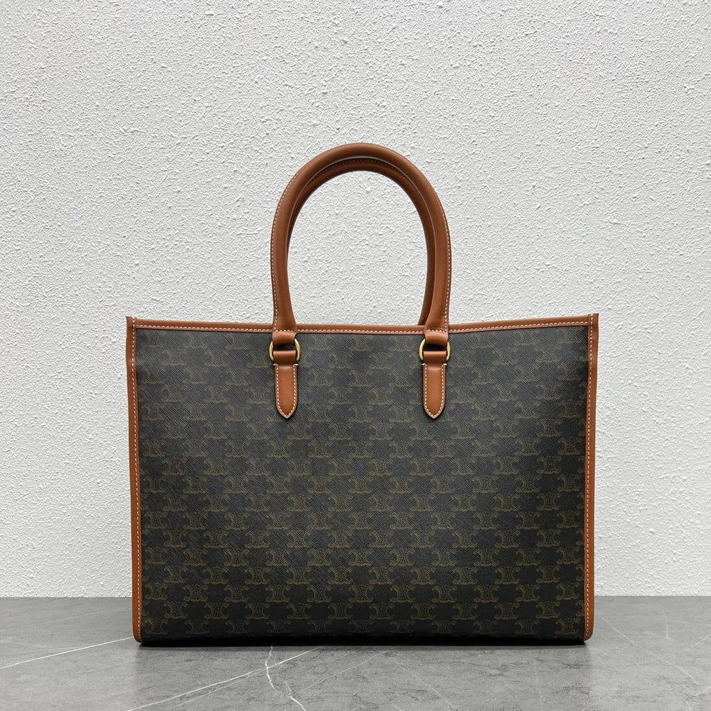 C*line Horizontal Cabas Bag Triomphe Black Brown Canvas & Calfskin
