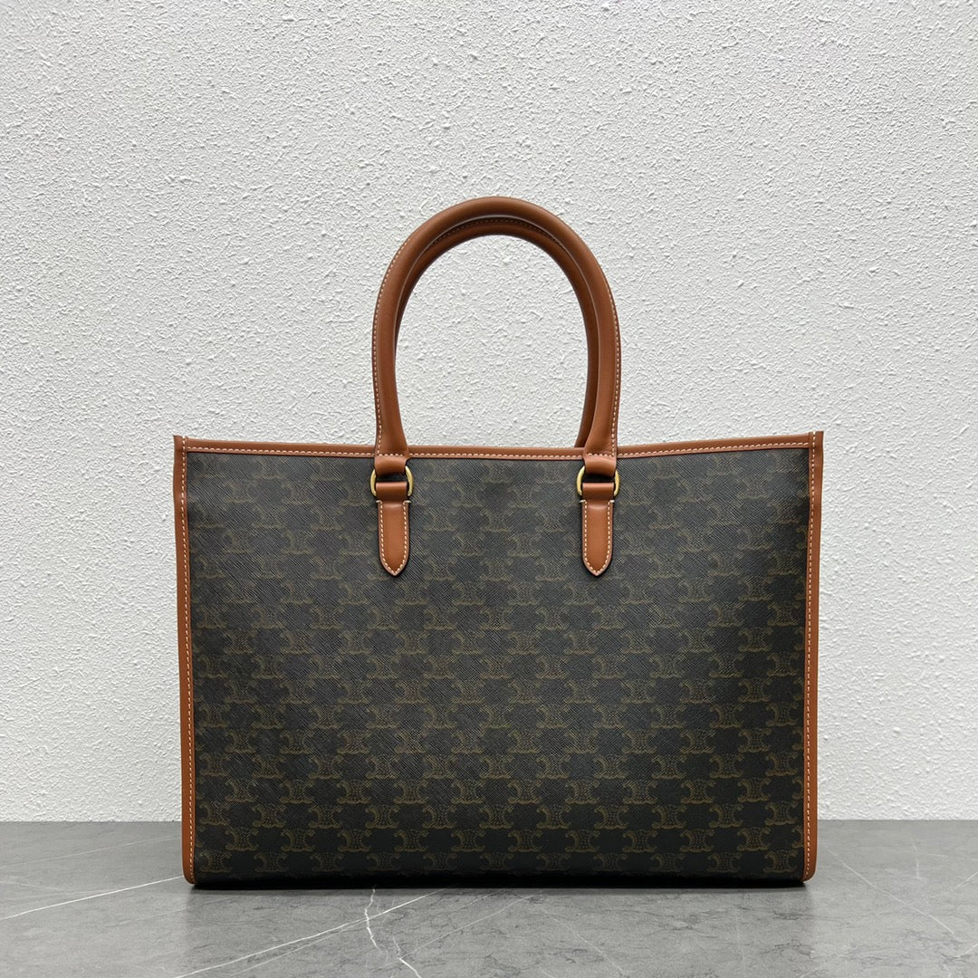 C*line Horizontal Cabas Bag Triomphe Black Brown Canvas & Calfskin