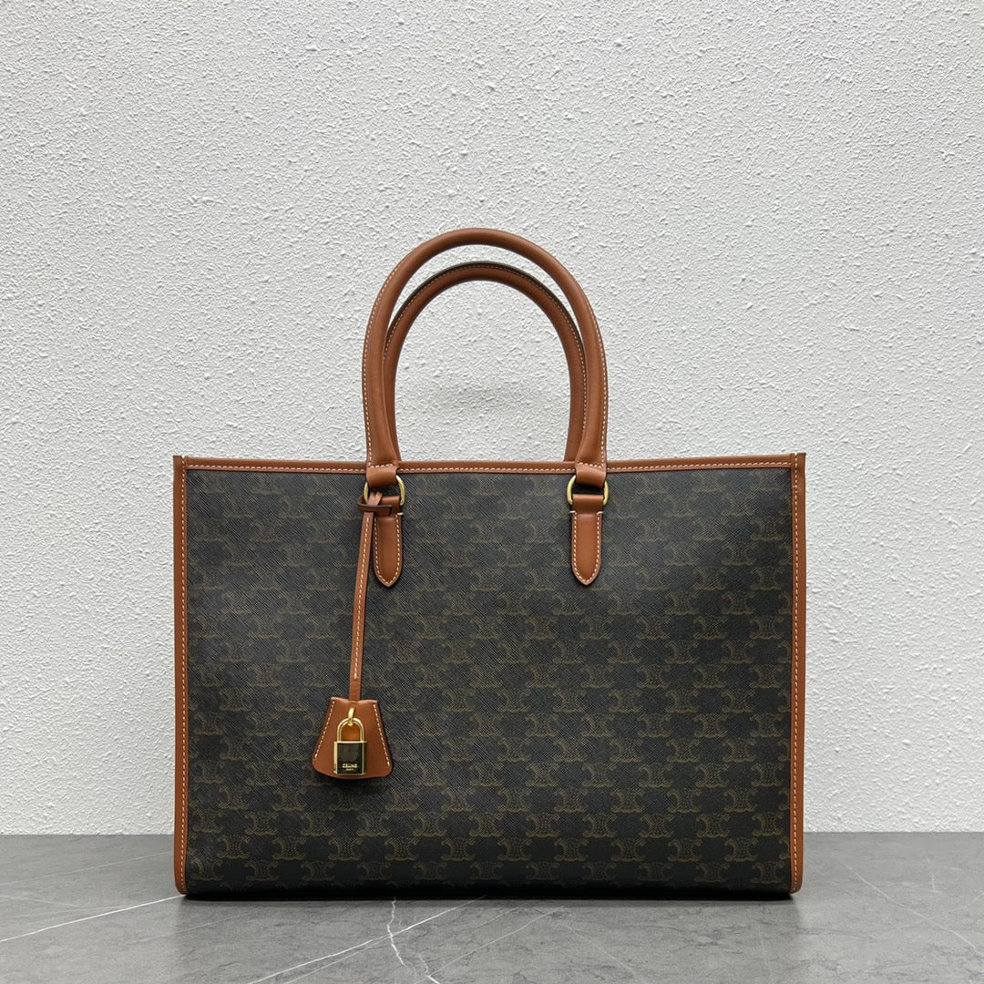 C*line Horizontal Cabas Bag Triomphe Black Brown Canvas & Calfskin