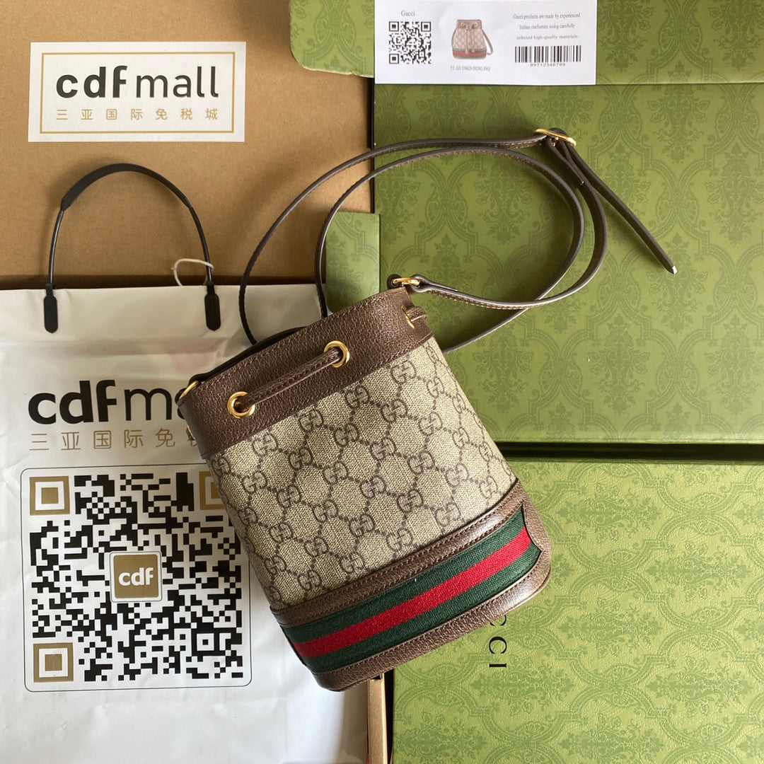 OPHIDIA BUCKET BAG WEB CANVAS CALFSKIN