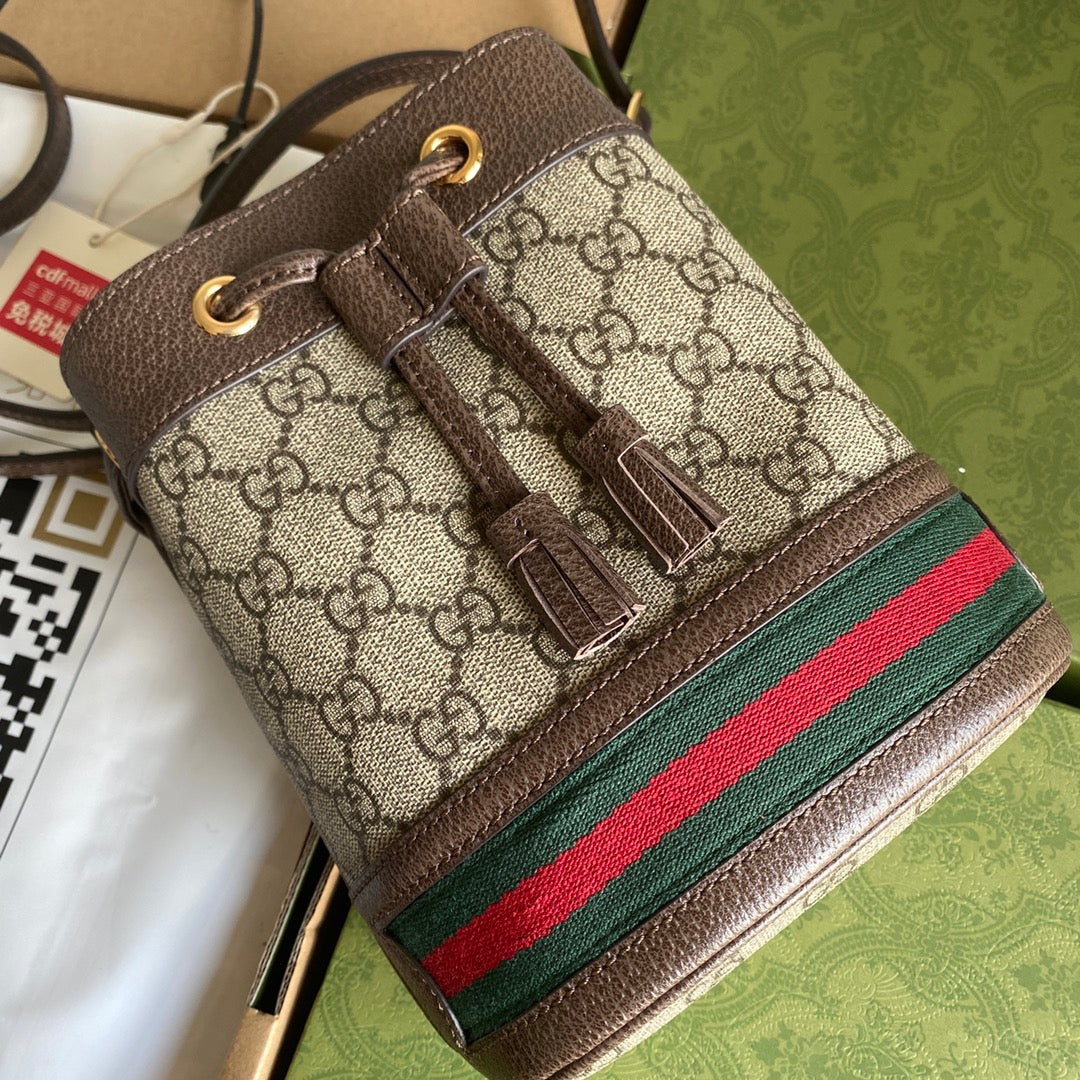 OPHIDIA BUCKET BAG WEB CANVAS CALFSKIN