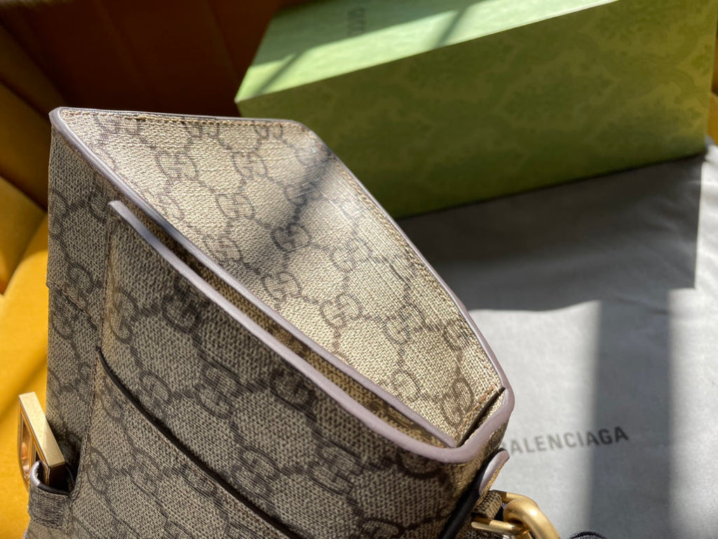 G*G x B*lenciaga HOURGLASS BAG 22 IN BEIGE EBONY MONOGRAM CANVAS GOLD HARDWARE