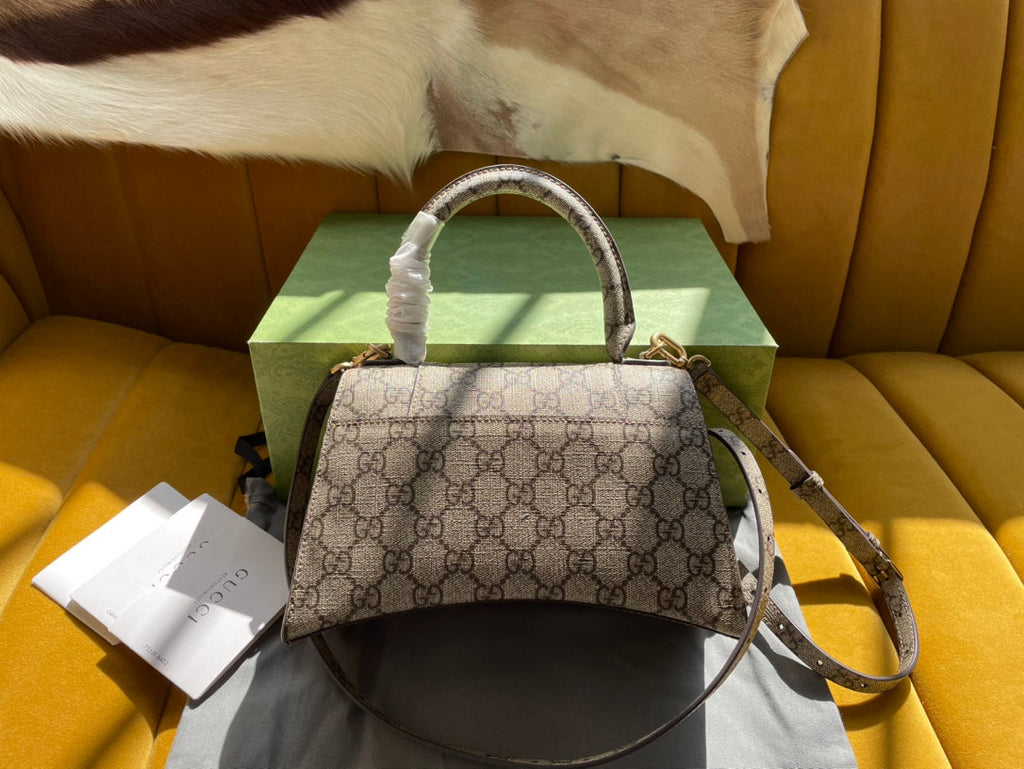 G*G x B*lenciaga HOURGLASS BAG 22 IN BEIGE EBONY MONOGRAM CANVAS GOLD HARDWARE