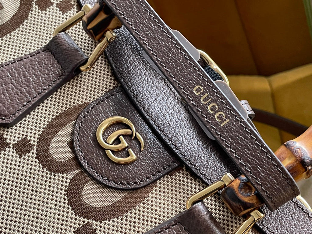 G*G DIANA 27 MINI TOTE BAG IN BEIGE CANVAS AND BROWN CALFSKIN