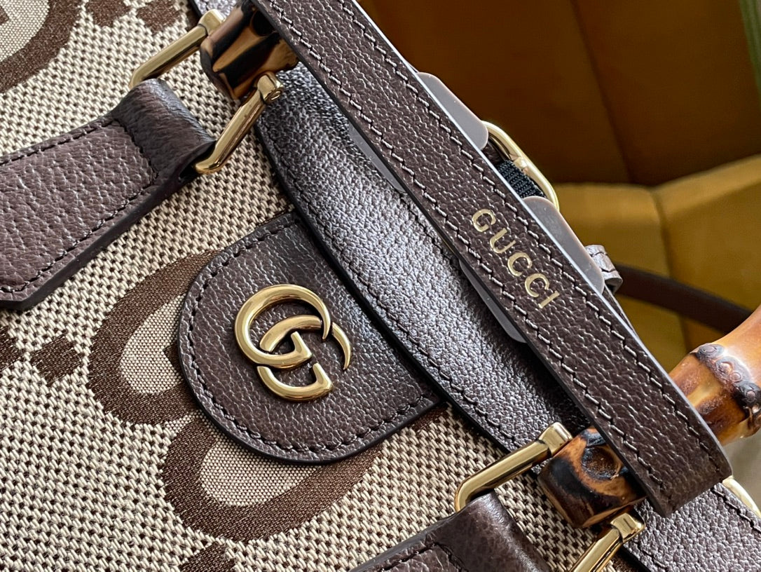 G*G DIANA 27 MINI TOTE BAG IN BEIGE CANVAS AND BROWN CALFSKIN