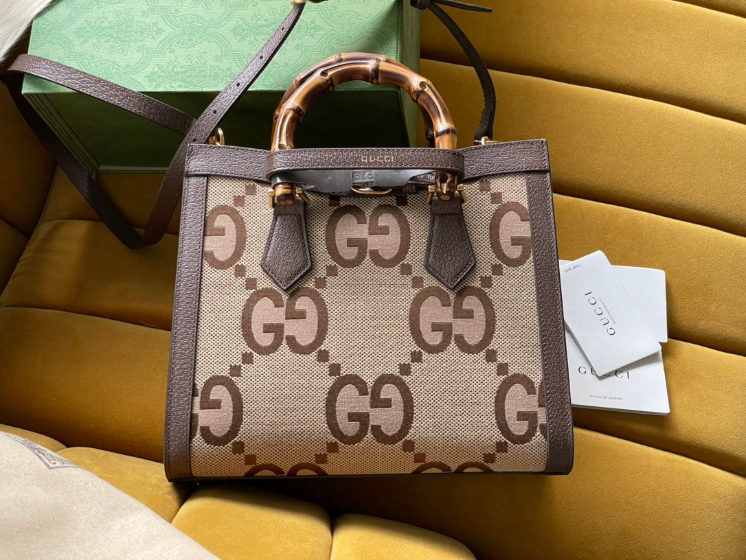 G*G DIANA 27 MINI TOTE BAG IN BEIGE CANVAS AND BROWN CALFSKIN