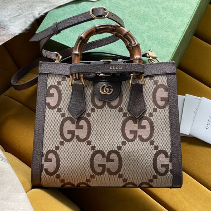 G*G DIANA 27 MINI TOTE BAG IN BEIGE CANVAS AND BROWN CALFSKIN
