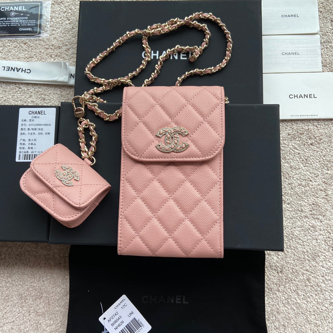 C*C Phone Holder Pale & Air Pod Bag Pink Caviar Diamond Hardware