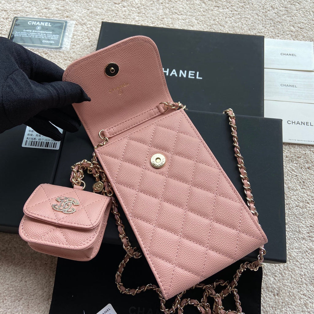 C*C Phone Holder Pale & Air Pod Bag Pink Caviar Diamond Hardware
