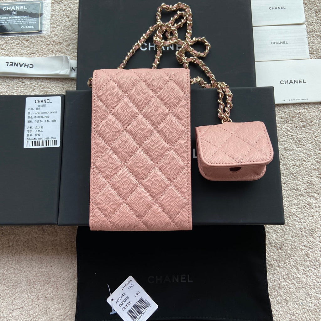 C*C Phone Holder Pale & Air Pod Bag Pink Caviar Diamond Hardware