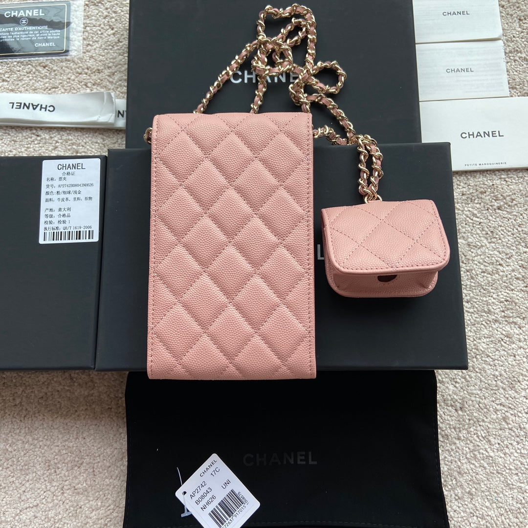 C*C Phone Holder Pale & Air Pod Bag Pink Caviar Diamond Hardware