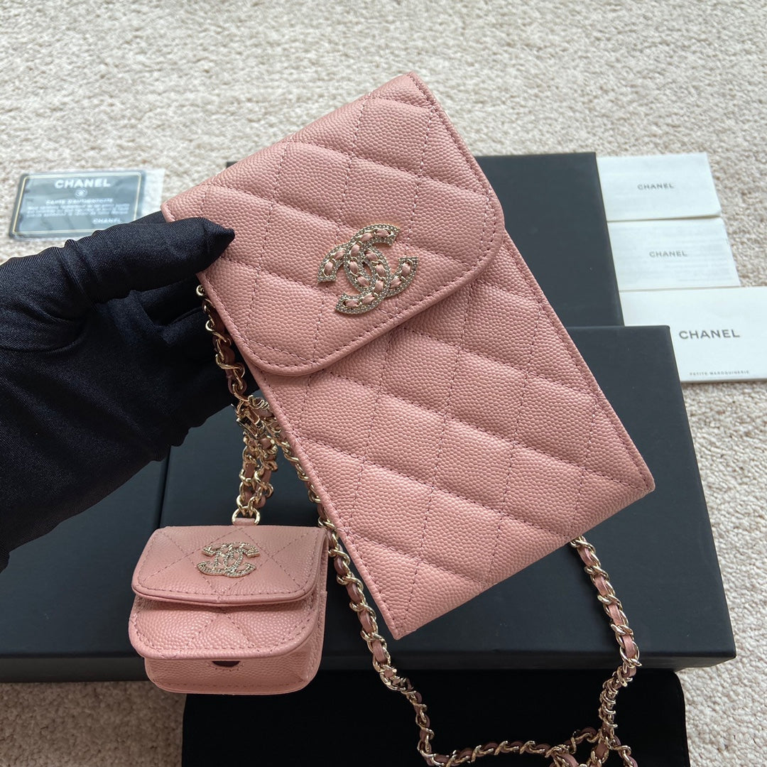 C*C Phone Holder Pale & Air Pod Bag Pink Caviar Diamond Hardware