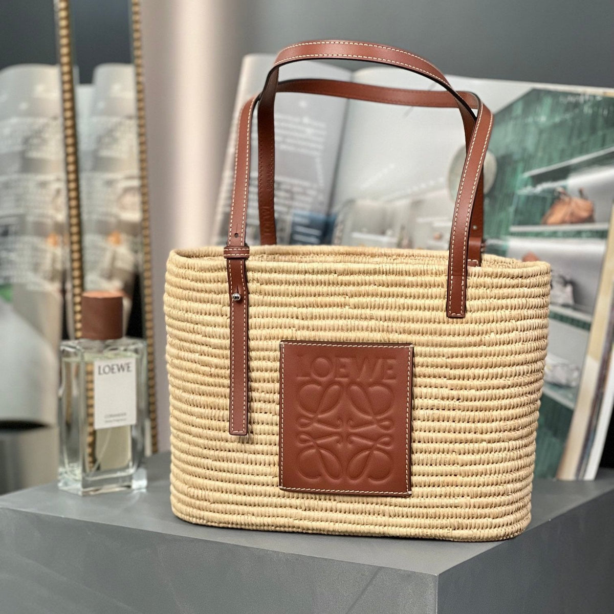 SQUARE BASKET BAG RAFFIA CALFSKIN
