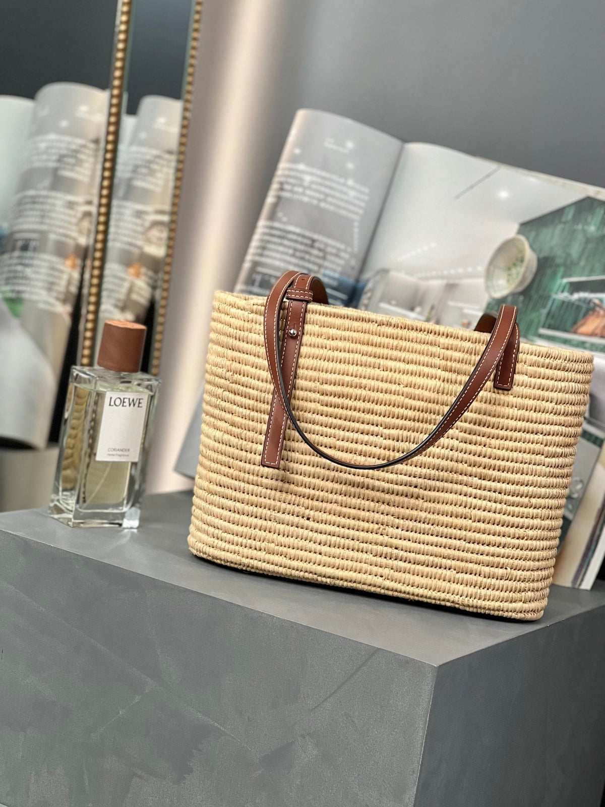 SQUARE BASKET BAG RAFFIA CALFSKIN