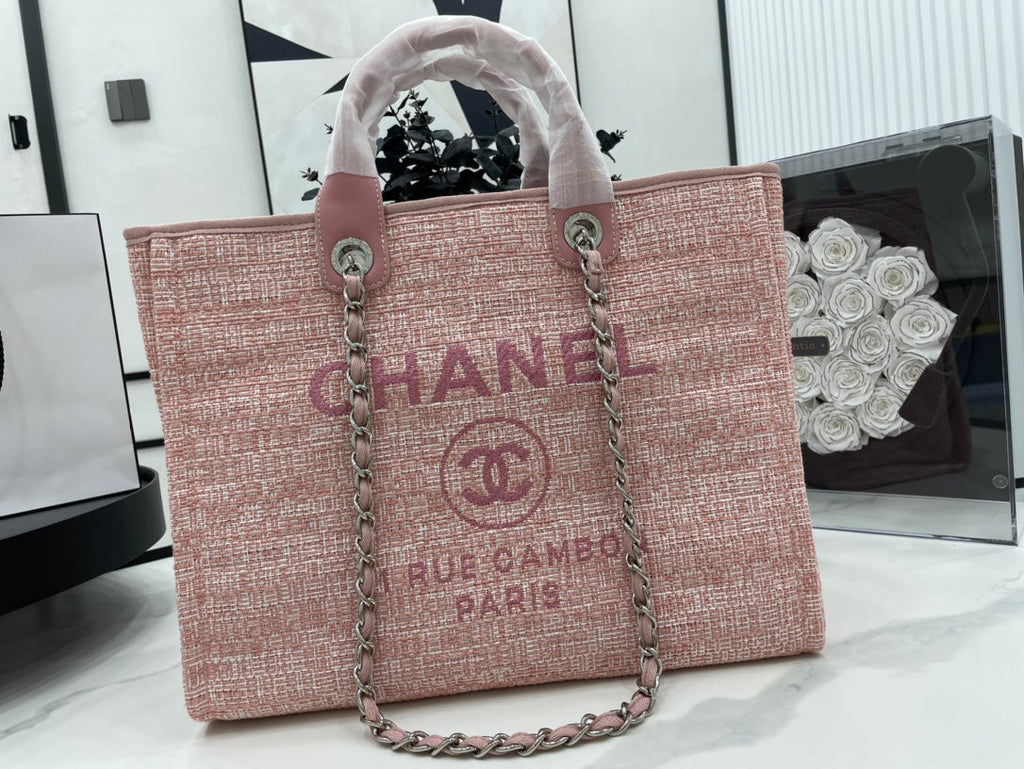 C*C Deauville Tweed Bag Pink Leather Silver Hardware 6