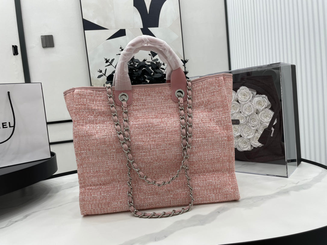 C*C Deauville Tweed Bag Pink Leather Silver Hardware 6