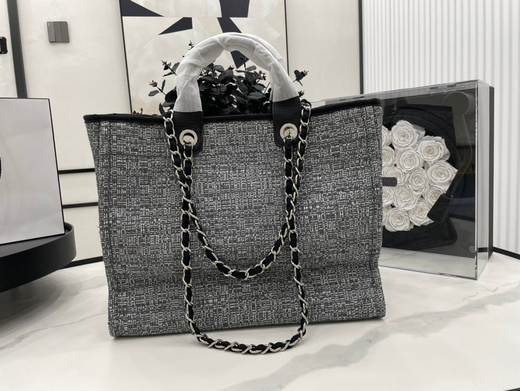 C*C Deauville Tweed Bag Black Leather Silver Hardware 8
