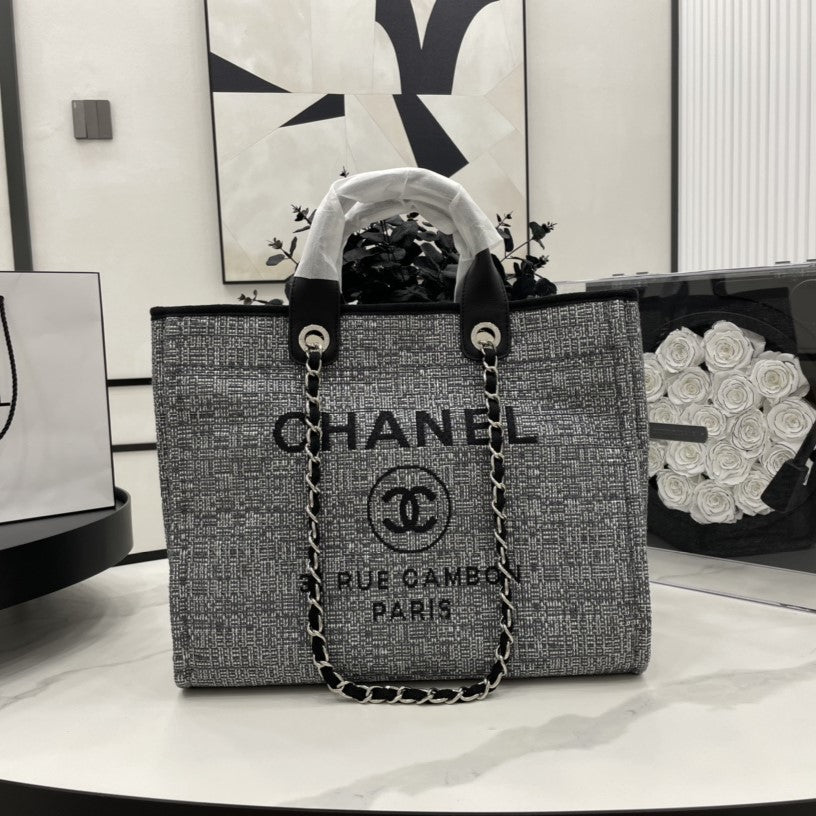 C*C Deauville Tweed Bag Black Leather Silver Hardware 8