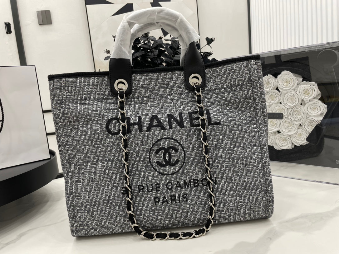 C*C Deauville Tweed Bag Black Leather Silver Hardware 8