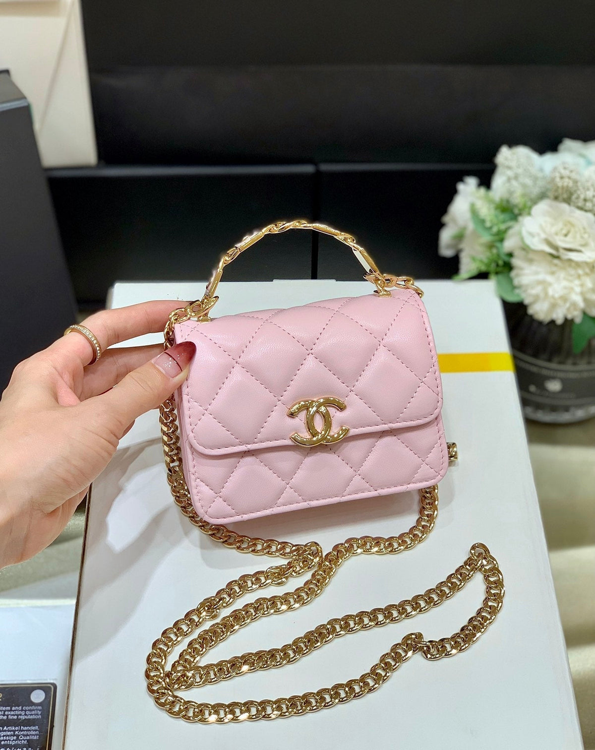 C*C Handle Small Shoulder Bag 13cm Pink Sheepskin