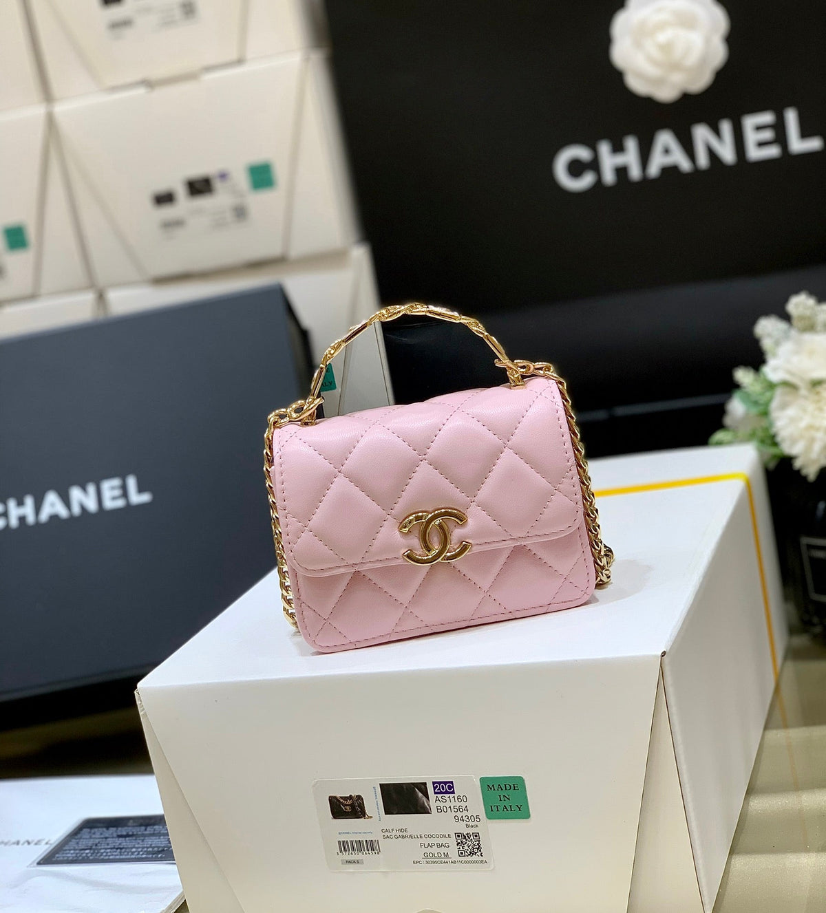 C*C Handle Small Shoulder Bag 13cm Pink Sheepskin