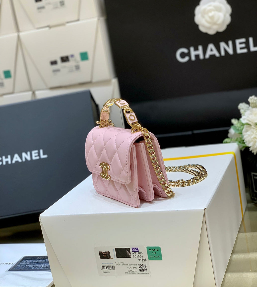 C*C Handle Small Shoulder Bag 13cm Pink Sheepskin