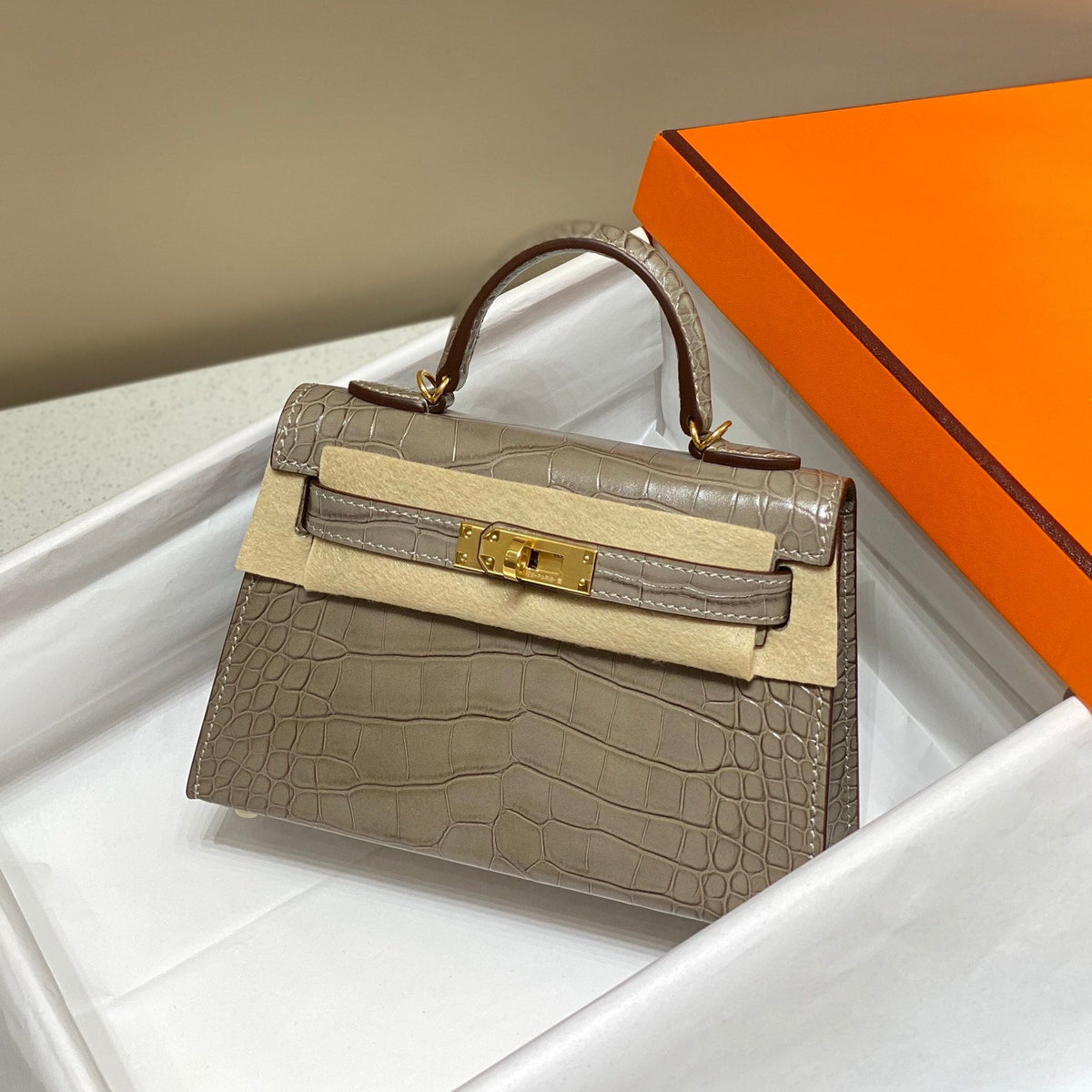 H*M 25s Mini Kelly 19 Cm Brown Mocha Embossed Crocodile Gold Hardware (Need Pre Order)