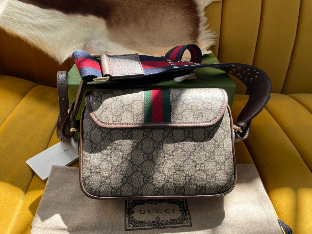G*G OPHIDIA SMALL 23 BAG IN BEIGE AND EBONY SUPREME CANVAS