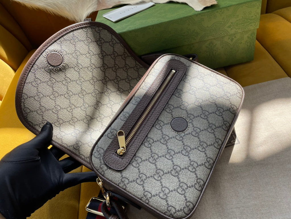 G*G OPHIDIA SMALL 23 BAG IN BEIGE AND EBONY SUPREME CANVAS