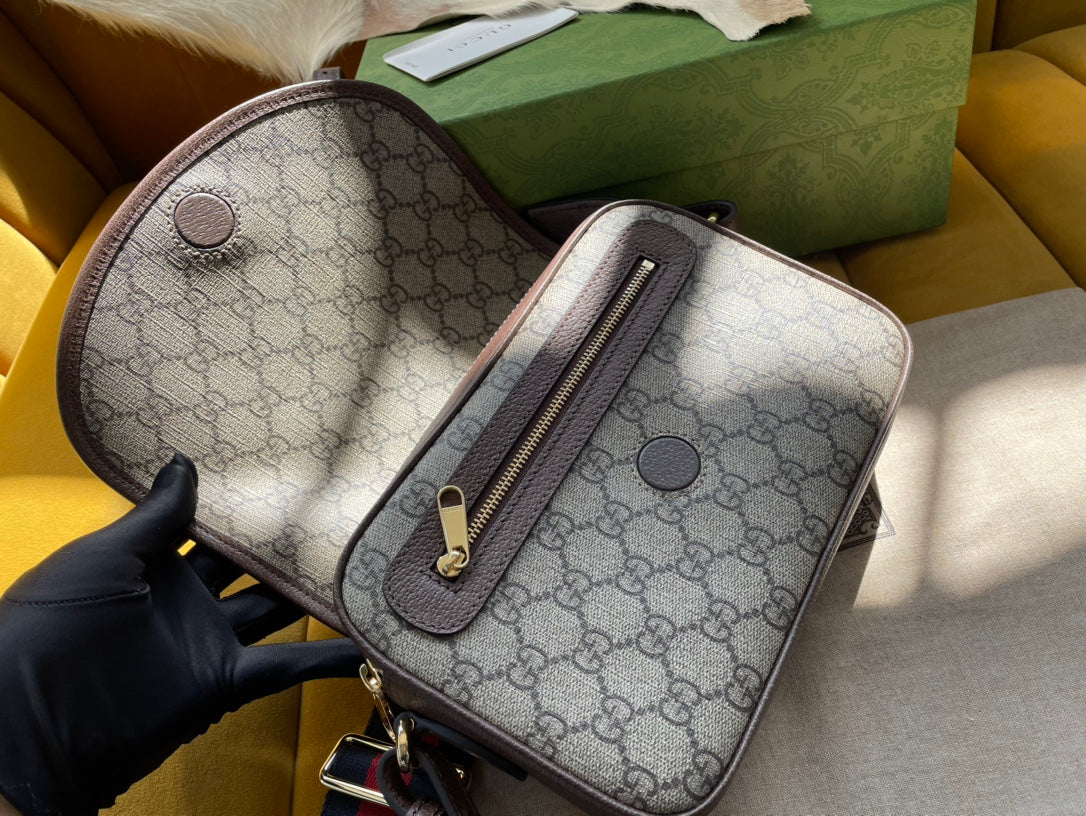 G*G OPHIDIA SMALL 23 BAG IN BEIGE AND EBONY SUPREME CANVAS
