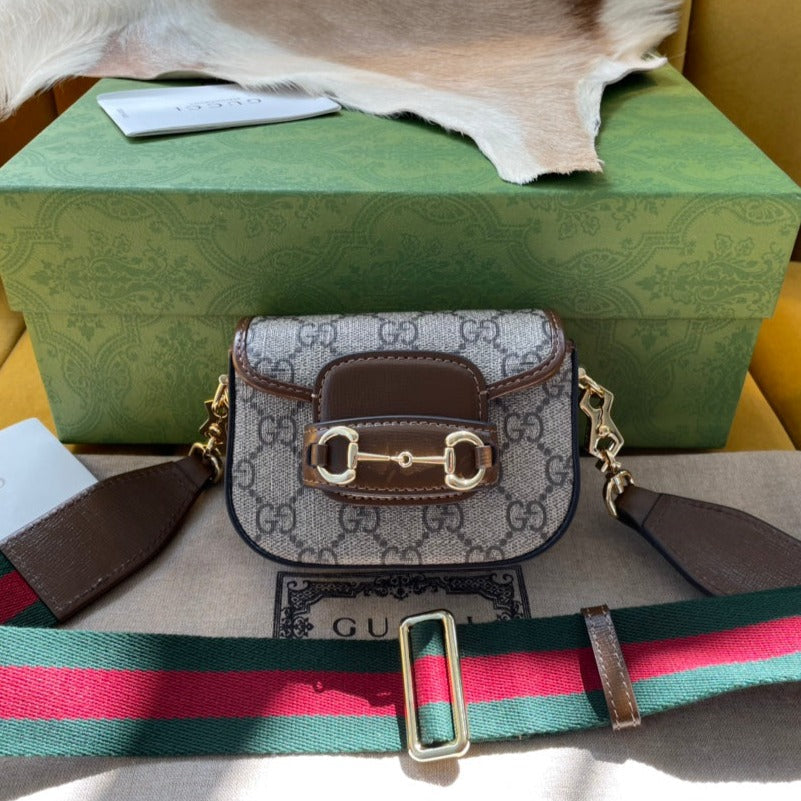 G*G 12 HORSEBIT 1955 SUPER MINI BAG BEIGE CANVAS AND EBONY CALFSKIN