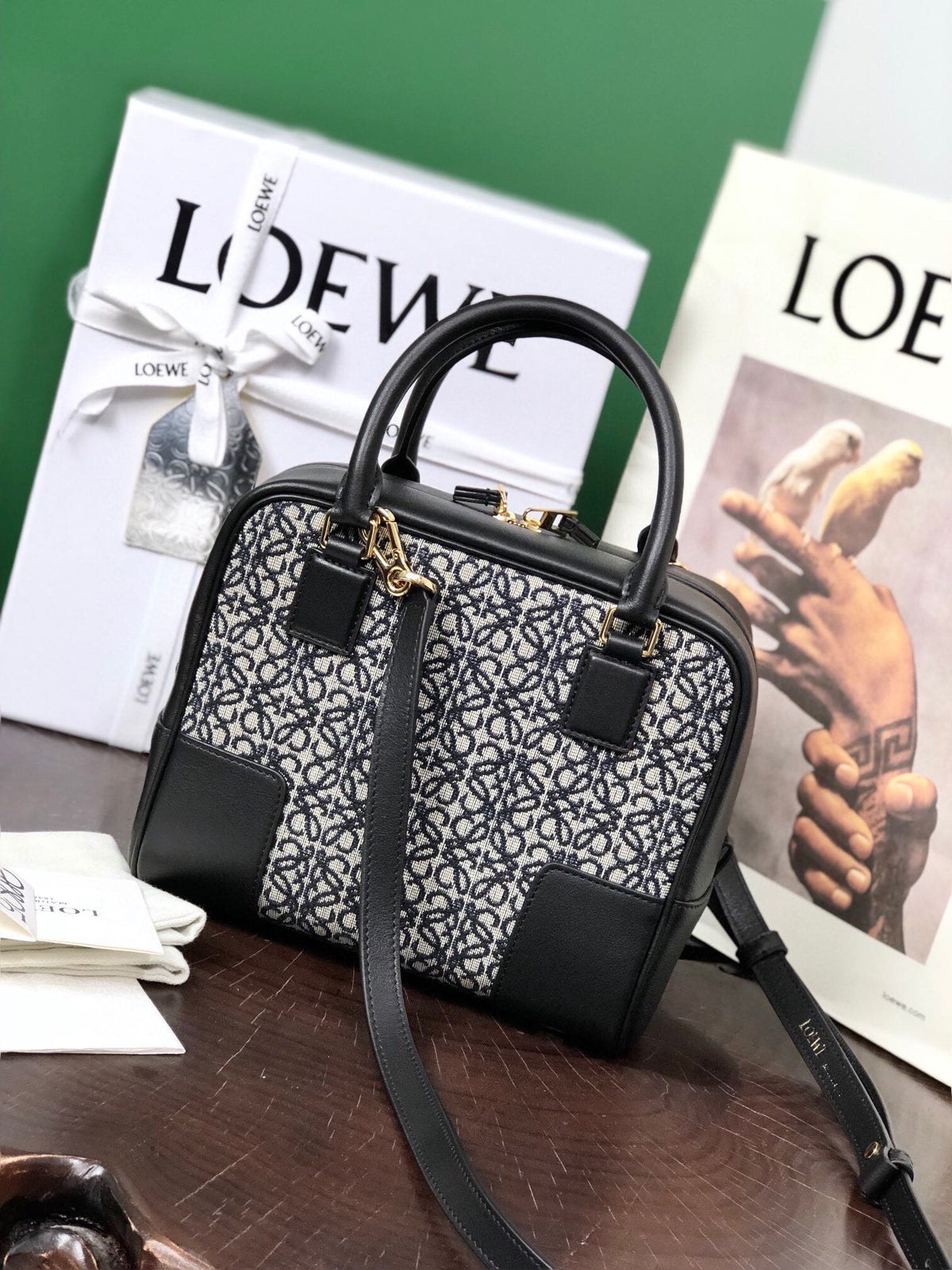L*E AMAZONA 19 BAG IN BLACK CALFSKIN AND MONOGRAM JACQUARD
