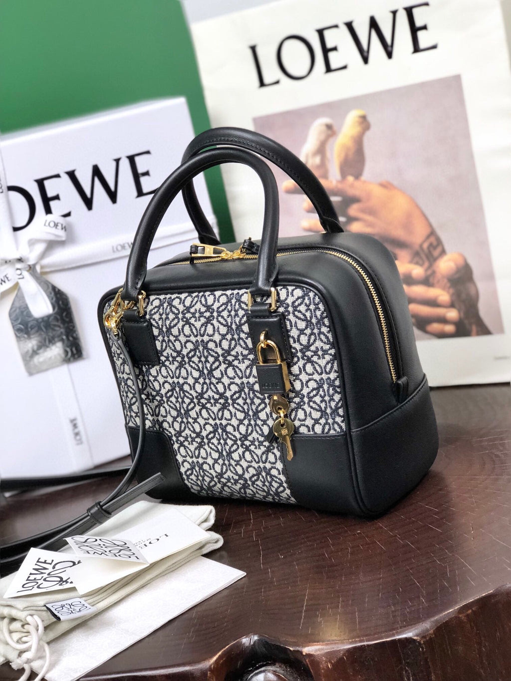 L*E AMAZONA 19 BAG IN BLACK CALFSKIN AND MONOGRAM JACQUARD