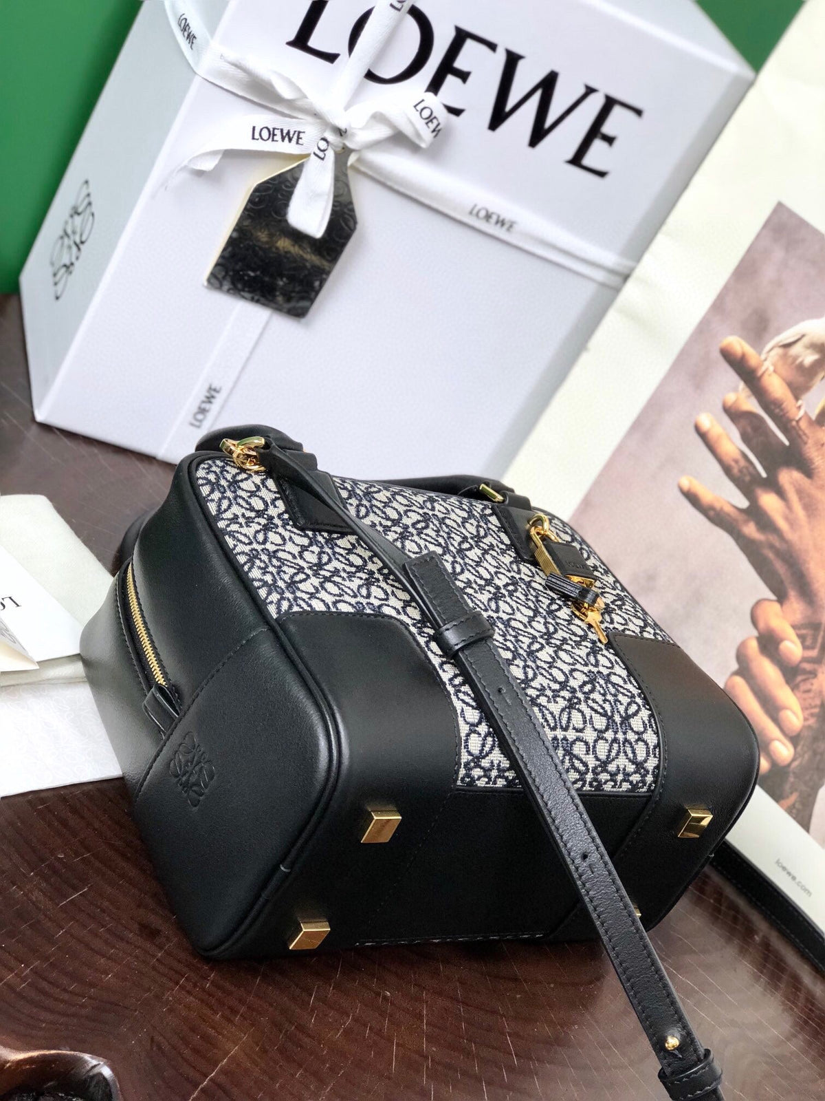 L*E AMAZONA 19 BAG IN BLACK CALFSKIN AND MONOGRAM JACQUARD