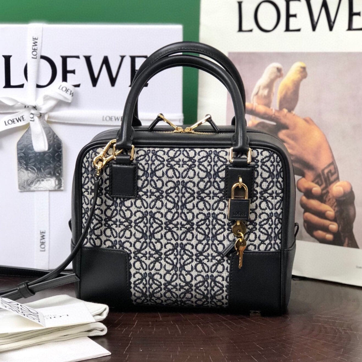 L*E AMAZONA 19 BAG IN BLACK CALFSKIN AND MONOGRAM JACQUARD