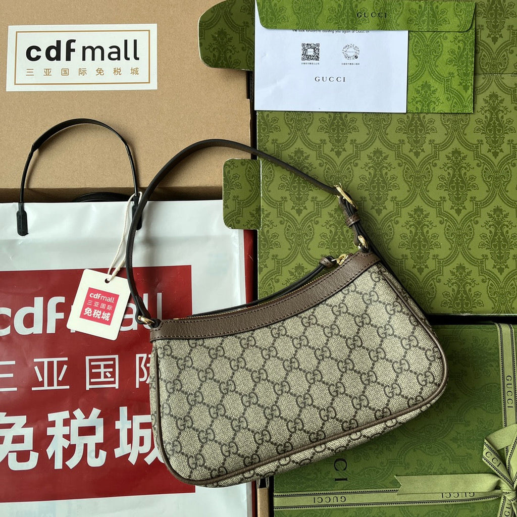 G*G Ophidia Small Shoulder Bag 21cm Beige Dark Brown Canvas
