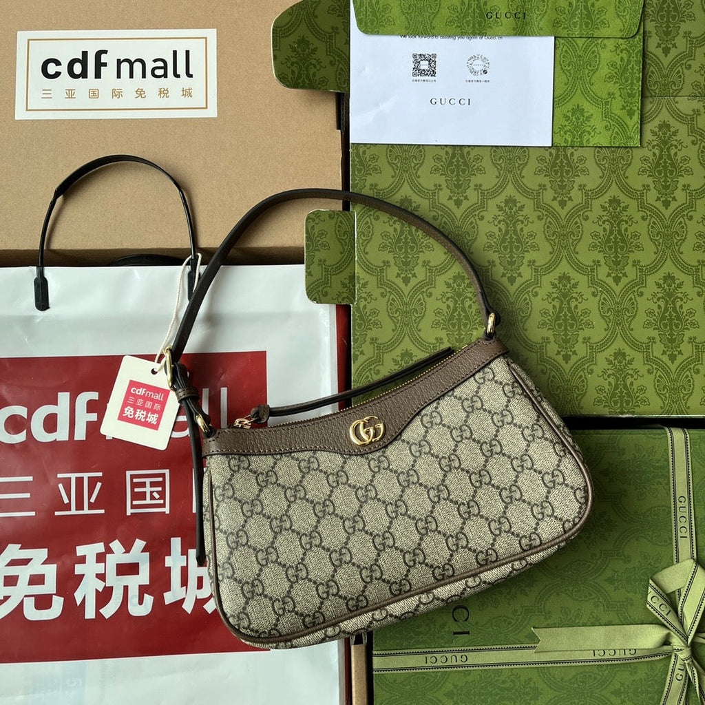 G*G Ophidia Small Shoulder Bag 21cm Beige Dark Brown Canvas